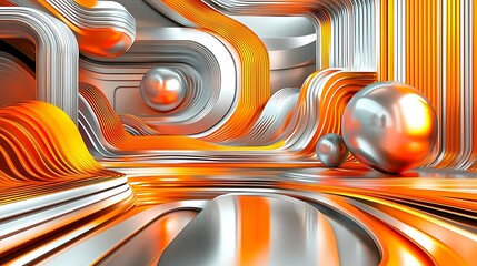 Wall Mural - Abstract orange and silver metallic curves, spheres, futuristic interior design, background for technology