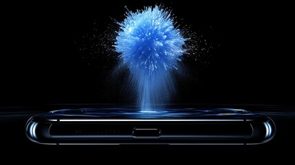 Wall Mural - Blue paint explosion above phone screen, dark background; tech ad