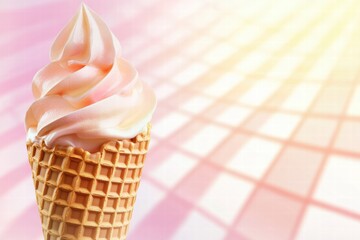 Aufkleber - Delicious soft serve ice cream in a waffle cone against a soft pink background during a sunny day. Generative AI