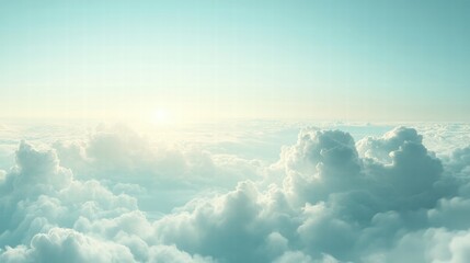 Fototapete - Soft white clouds illuminate by morning sunlight brighten the serene sky over a calm horizon. Generative AI