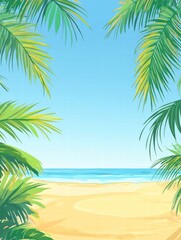 Aufkleber - Vibrant tropical beach view framed by lush palm trees under a clear blue sky. Generative AI