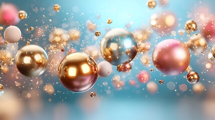 Wall Mural - Shimmering metallic spheres float, pastel background; festive celebration, product backdrop