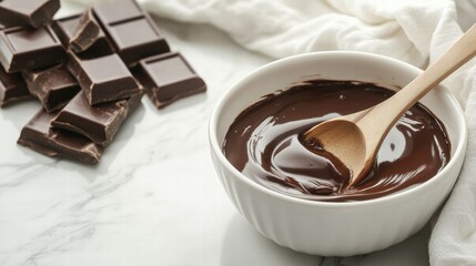 Poster - Melted dark chocolate in a bowl with chocolate squares on a marble countertop. Generative AI