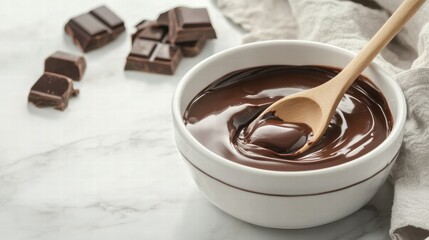 Poster - Delicious melted chocolate in a bowl with chocolate pieces nearby on a marble counter. Generative AI