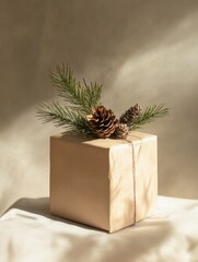 Aufkleber - Gift wrapped in simple brown paper with pinecones and greenery on a soft backdrop for a festive occasion. Generative AI
