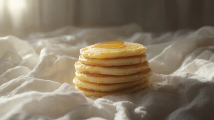 Aufkleber - Fluffy pancakes stacked with honey on a soft white cloth in natural light during the morning. Generative AI