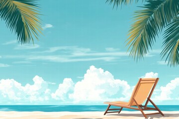 Poster - Sunny beach with a lounge chair under palm trees and a clear blue sky on a tranquil day near the ocean. Generative AI