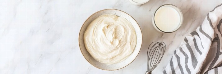 Aufkleber - Creamy whipped topping preparation in a kitchen with milk and kitchen tools arranged nearby for baking. Generative AI