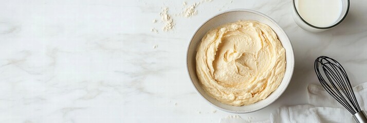 Aufkleber - Creamy batter preparation on a marble countertop with milk and utensils nearby during afternoon baking session. Generative AI