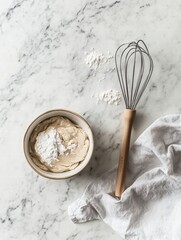 Poster - Mixing batter in a bowl with flour scattered on a marble countertop. Generative AI