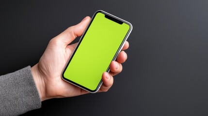 Hand holding smartphone with blank green screen for app development or mockup presentation