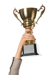 Wall Mural - woman with golden trophy cup on white background, closeup