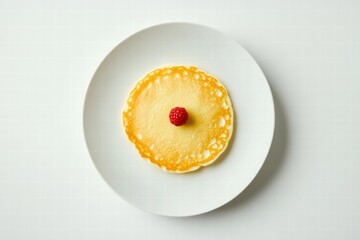 Poster - Delicious pancake topped with a fresh raspberry on a clean white plate displayed on a minimalistic background. Generative AI