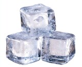 Three clear ice cubes are stacked on a white background. The ice is translucent, showing light refractions. The image is simple and clean