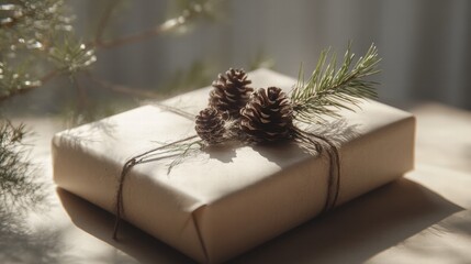Aufkleber - Rustic gift wrapped in brown paper decorated with pinecones and evergreen sprig in soft natural light. Generative AI