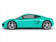 © STK - Side profile of a teal sports car on a white background. The car is sleek and modern with a low profile and aerodynamic design. It has tinted windows