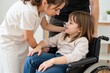 © Nina - A Caring Female Caregiver Assisting a Young Girl with Short Brown Hair in a Wheelchair in a Bright, Modern Living Space