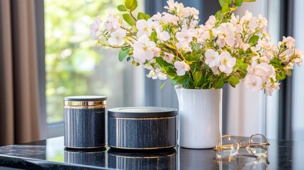 Wall Mural - Elegant arrangement of decorative containers beside a blooming flower vase on a stylish table