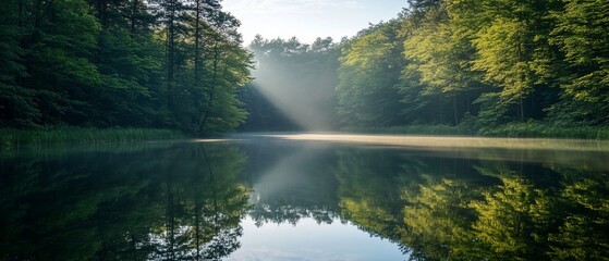 Sticker - Sunrise light rays on calm forest lake, peaceful nature reflection, tranquil scene