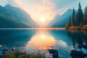 Sticker - Sunrise over mountain lake, tranquil scene, nature, scenic wallpaper