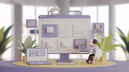 a man in a suit doing work with the computer and laptop/ software engineer/ online assistance/ web site, 3d rendering