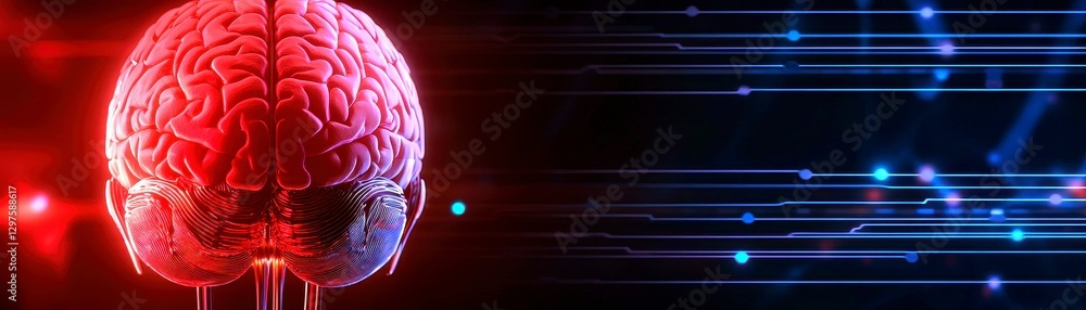 Digital Brain with Neural Network Connecting Points Red Tones and Blue ...