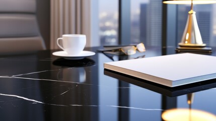 Wall Mural - Modern office workspace featuring a sleek laptop, coffee cup, and elegant decor with city view