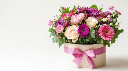 Aufkleber - Beautiful floral arrangement in a round box with pink ribbon showcasing various colorful flowers and greenery. Generative AI