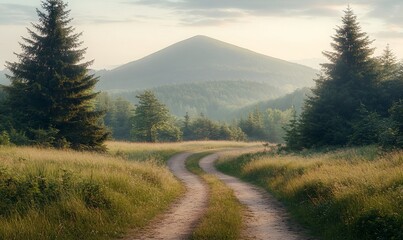 Poster - Winding road through misty mountain valley at sunrise; peaceful nature scene