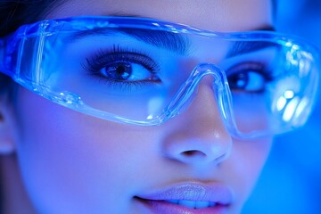 Wall Mural - Woman futuristic glasses, blue light, lab, science