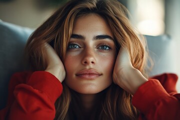 Wall Mural - Woman, relaxed, indoors, couch, red hoodie, calm