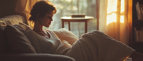 Sticker - Woman relaxing on couch, morning sun