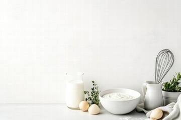 Aufkleber - Preparing fresh dairy products in a bright kitchen with herbs and utensils neatly arranged on a countertop. Generative AI