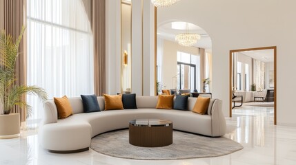 Wall Mural - Modern living room with curved sofa, vibrant cushion, and elegant decor in a bright space