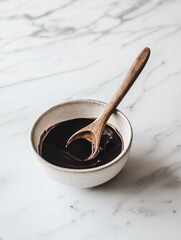 Poster - Creamy chocolate sauce in a white bowl with a wooden spoon on a marble surface during daytime. Generative AI