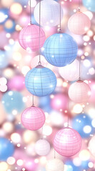 Poster - Bunch of colorful paper lanterns hanging from the ceiling. The lanterns are pink, blue, and white