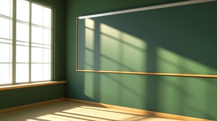 Wall Mural - Bright classroom with green walls and wooden trim, sunlight casting shadows on the floor