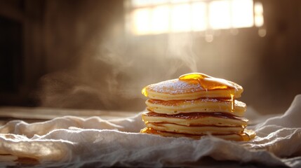Aufkleber - Delicious stack of warm pancakes with syrup in a cozy setting during the morning light. Generative AI