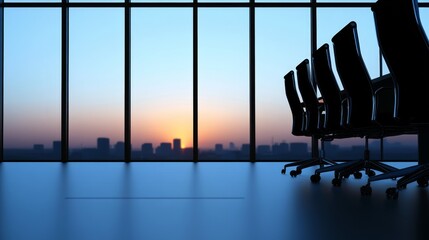 Wall Mural - Silhouette of office chairs against a sunset skyline view from a modern conference room