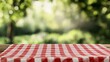 © AndiAzis - Red and White Checkered Tablecloth on Wooden Table with Blurred Green Background
