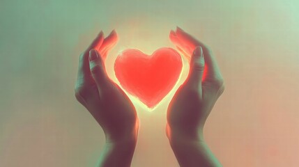 Aufkleber - Hands gently cradling a glowing heart symbolizing love and compassion in a soft and ethereal atmosphere. Generative AI