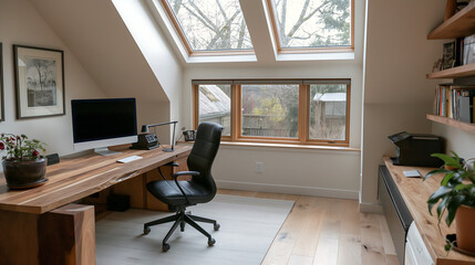 Wall Mural - an eco-friendly sustainable home office with reclaimed wood furniture, a skylight, and smart energy-