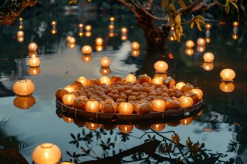 Aufkleber - Floating candles illuminate a serene lake at dawn, creating a magical atmosphere with fog and reflections of nature
