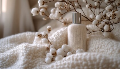 Poster - Relaxing moment with natural skincare products arranged on a cozy knitted blanket and dried flowers during late afternoon light