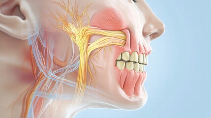 Aufkleber - Detailed illustration of facial anatomy showing nerves, muscles, and blood vessels in a side view of a human face. Generative AI
