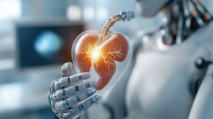 Aufkleber - humanoid robot holds glowing 3D printed heart in futuristic lab, symbolizing advanced AI driven bioprinting technology