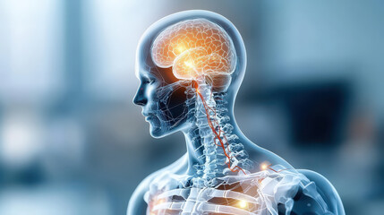 Poster - digital illustration of transparent human body highlights brain and nervous system, showcasing intricate connections and pathways. image emphasizes complexity of human anatomy and neural networks