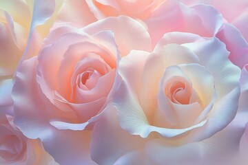 Poster - Soft pink roses bloom in a serene garden setting during a warm afternoon, showcasing their delicate petals and lush green foliage