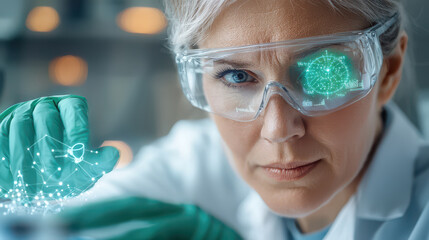 Fototapete - scientist wearing augmented reality glasses examines digital interface with focus and precision in laboratory setting