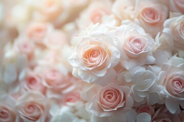 Poster - Soft pink roses bloom in a serene garden setting during a warm afternoon, showcasing their delicate petals and lush green foliage